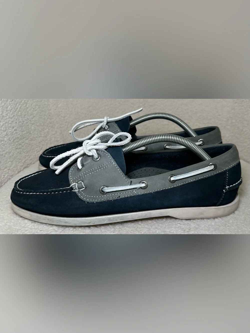 L.L.Bean Casco Bay Boat Shoes Men’s Navy Blue Gray Leather Dock Loafers Preppy